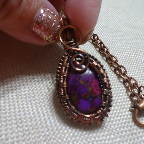 Rustic PURPLE TURQUOISE COPPER WIRE-WRAPPED Pendant/Chain #86C - Picture 2 of 3